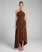Sable Maxi Dress by Lauven – Rich chocolate pleated halter gown with ruffle accents for timeless elegance.