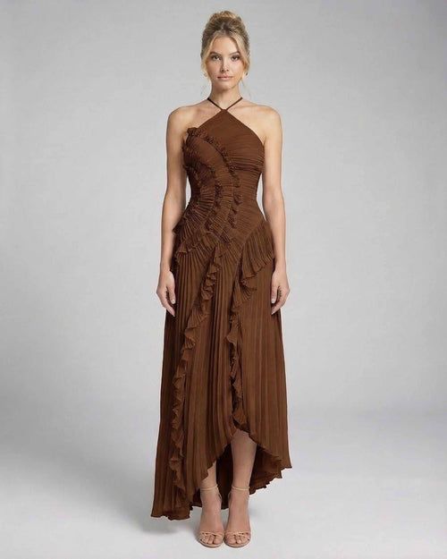 Sable Maxi Dress by Lauven – Rich chocolate pleated halter gown with ruffle accents for timeless elegance.