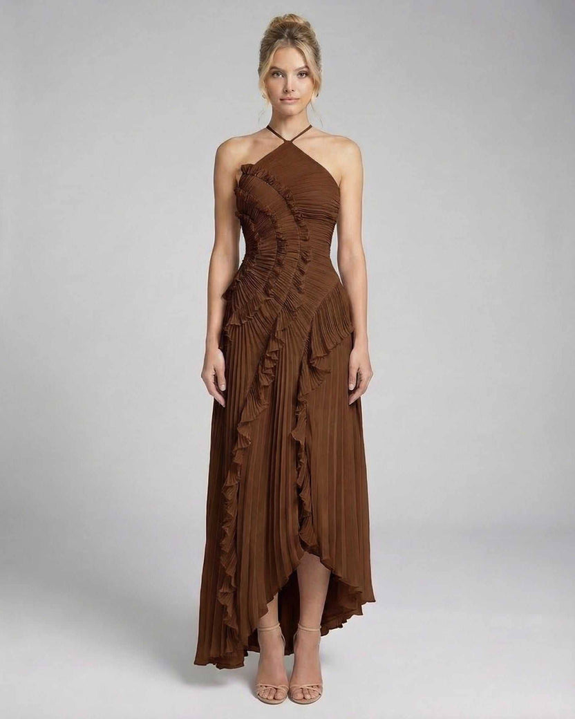 Sable Maxi Dress by Lauven – Rich chocolate pleated halter gown with ruffle accents for timeless elegance.