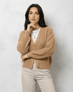 Saffron Cardigan by Lauven, elegant beige knitwear with relaxed V-neck silhouette and cozy comfort.