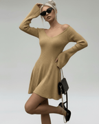 Saffron Mini Dress by Lauven - Slim fit camel knit with V-neck and flared sleeves, perfect for stylish occasions.