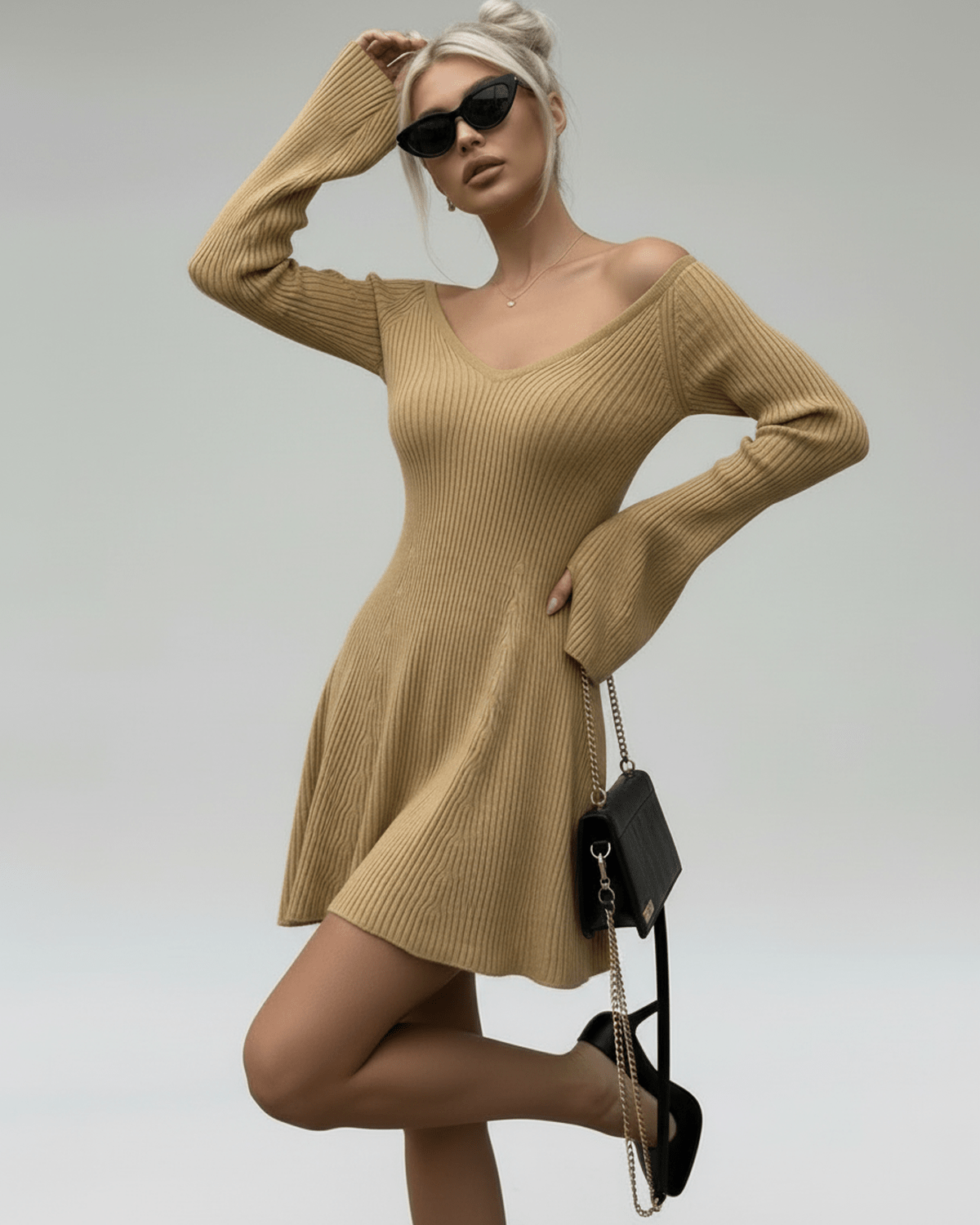 Saffron Mini Dress by Lauven - Slim fit camel knit with V-neck and flared sleeves, perfect for stylish occasions.