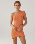 Saffron Mini Dress by Lauven in vibrant orange with a modern sheath silhouette and ribbed texture.