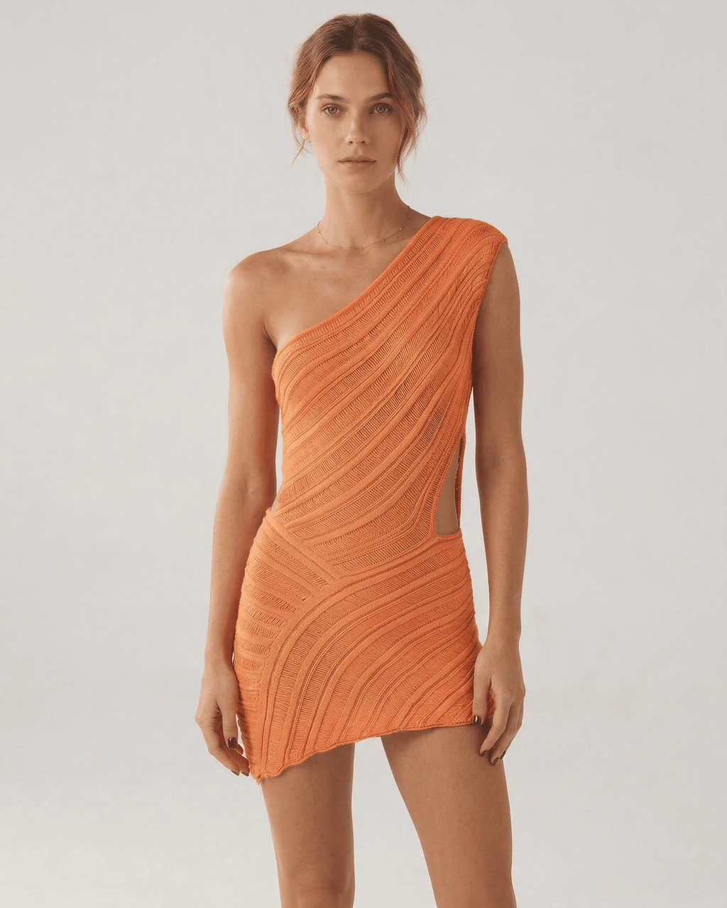 Lauven Saffron Mini Dress in vibrant orange with a sheath silhouette and ribbed texture.