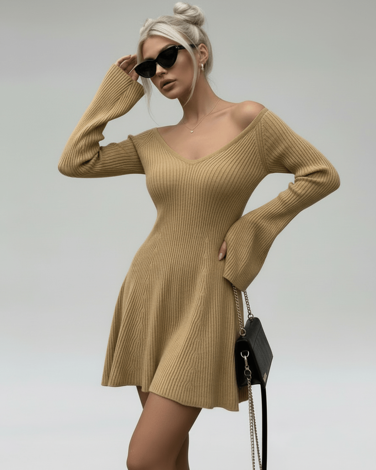 Saffron Mini Dress by Lauven - Slim fit camel knit dress with V-neck and flared sleeves