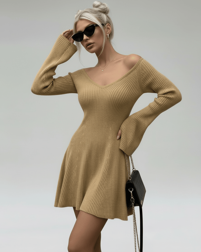 Saffron Mini Dress by Lauven - Slim fit camel knit dress with V-neck and flared sleeves