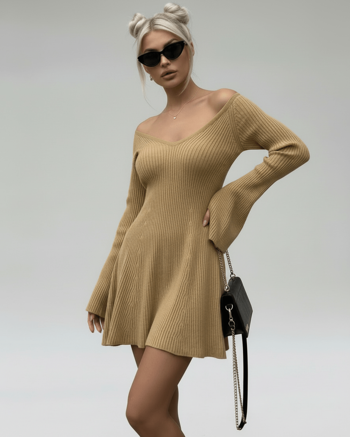 Saffron Mini Dress by Lauven - Slim Fit Camel Knit V-Neck Dress with Flared Sleeves
