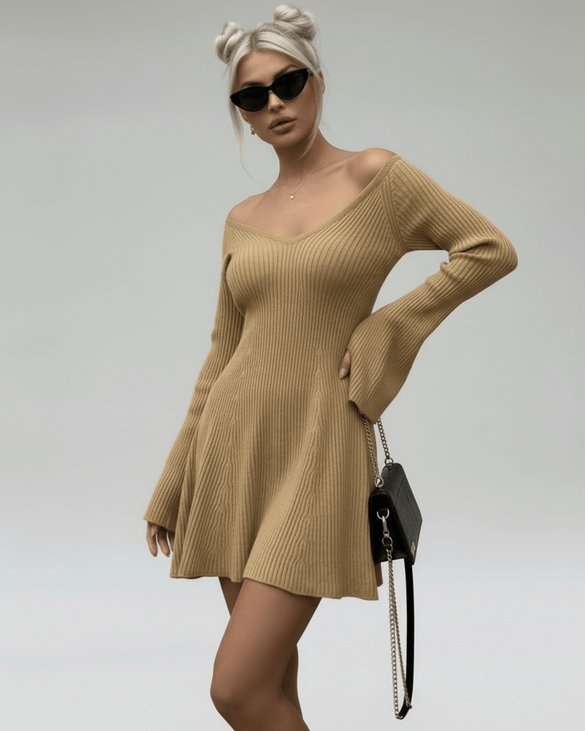 Saffron Mini Dress by Lauven - Slim Fit Camel Knit V-Neck Dress with Flared Sleeves