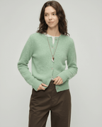 Sage Cardigan by Lauven – Women's green cardigan sweater with round neck and button front, perfect for layering.