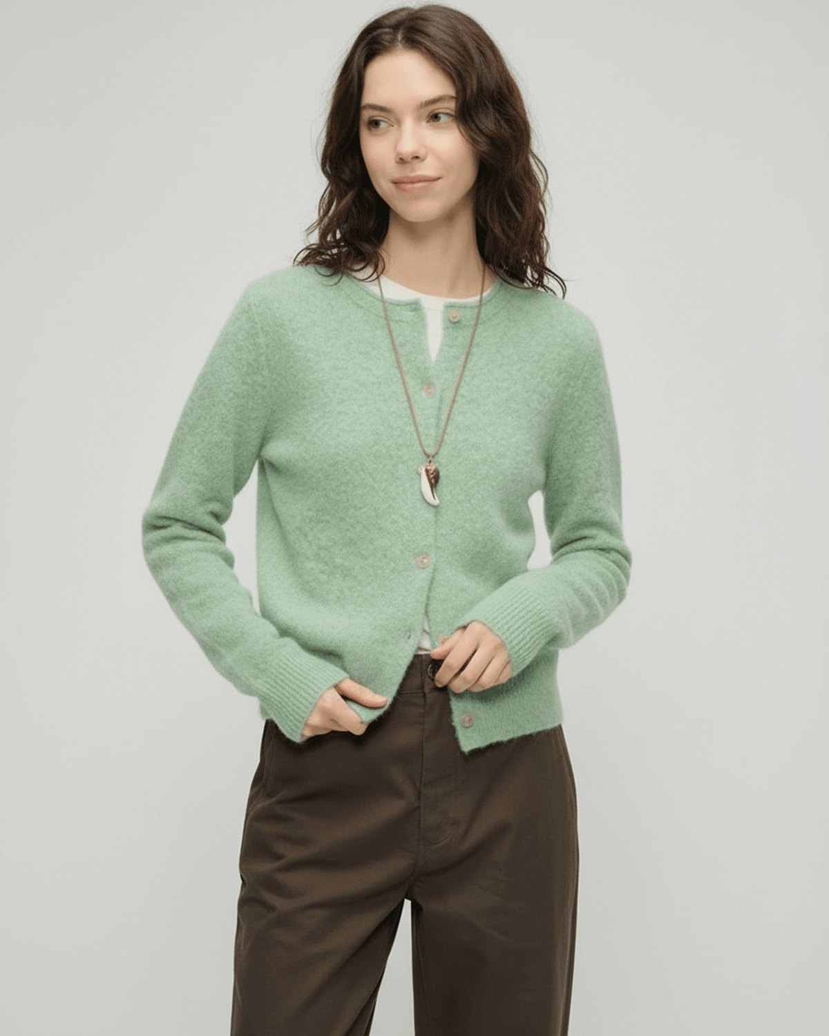 Sage Cardigan by Lauven – Women's green cardigan sweater with round neck and button front, perfect for layering.