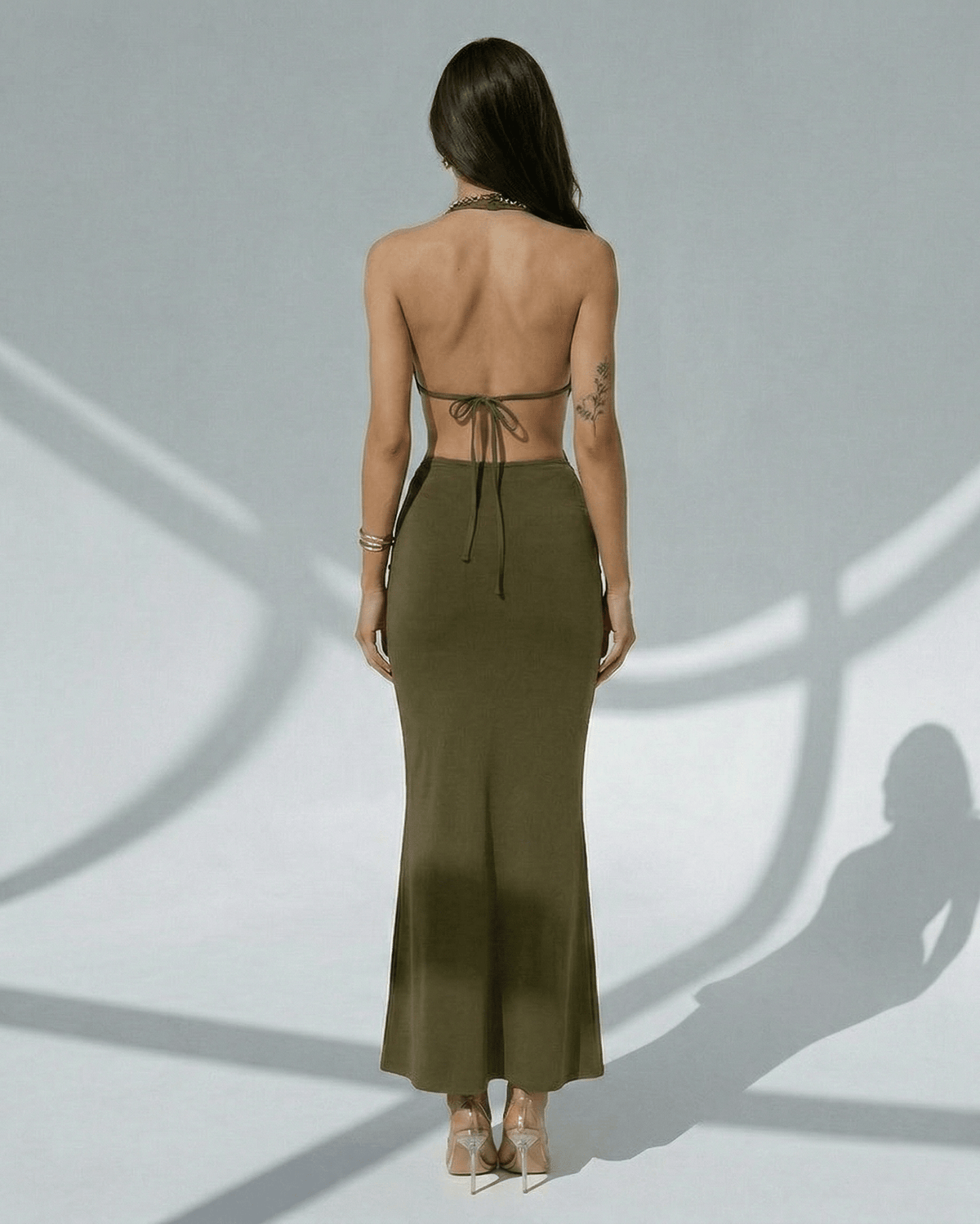 Sage Maxi Dress - Elegant olive green bodycon with deep V-neck and adjustable waist by Lauven.