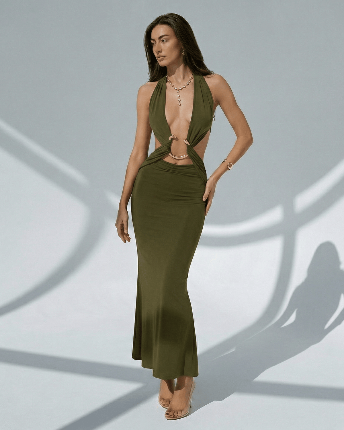 Sage Maxi Dress in olive green, featuring deep V-neck and metal ring details, showcasing luxury and comfort by Lauven.