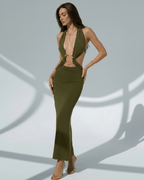 Sage Maxi Dress featuring deep V-neck, olive green bodycon silhouette, and metal ring details by Lauven.
