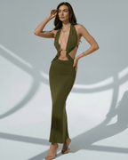 Sage Maxi Dress – Elegant olive green bodycon dress with deep V-neck and metal ring details by Lauven.
