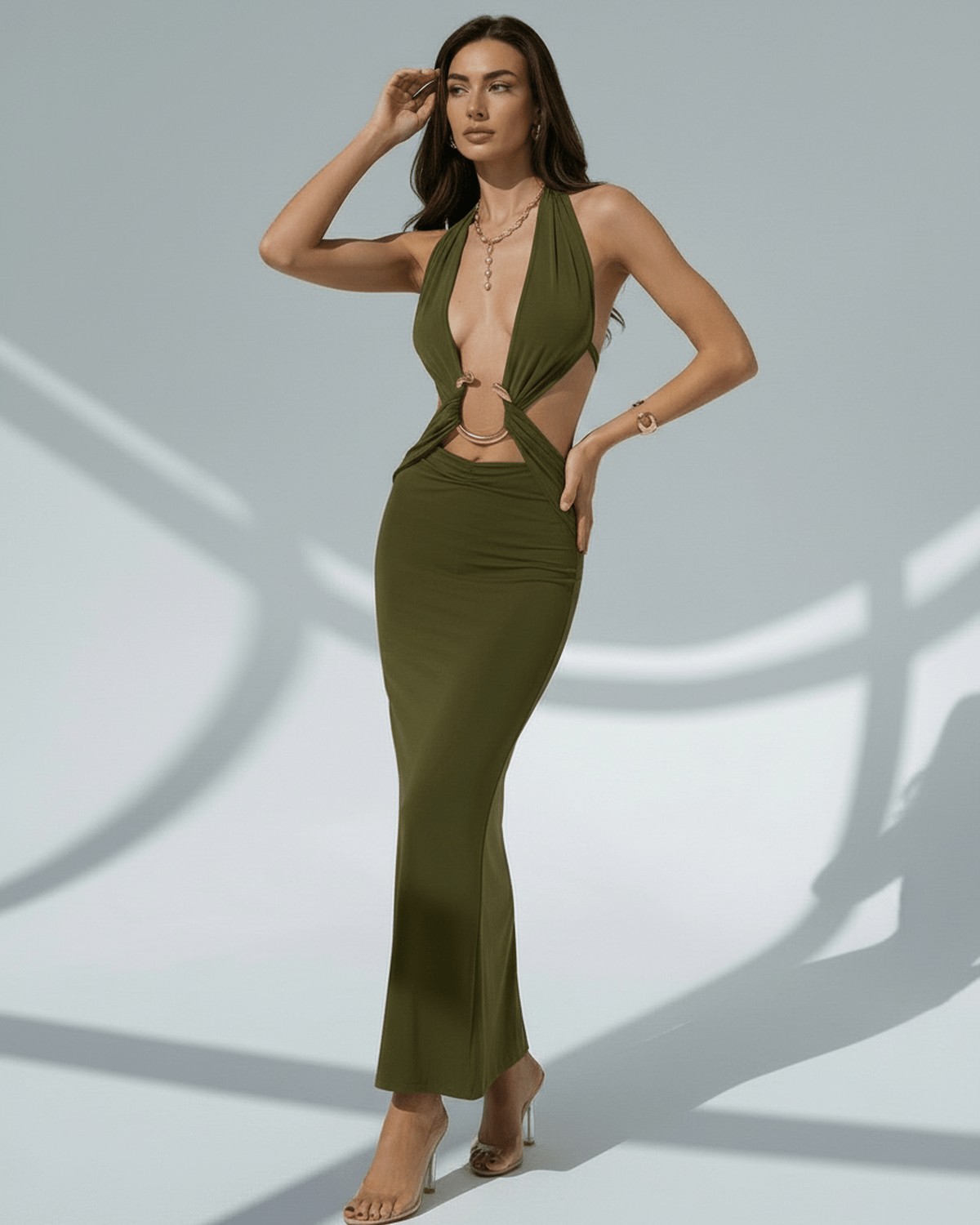 Sage Maxi Dress – Elegant olive green bodycon dress with deep V-neck and metal ring details by Lauven.