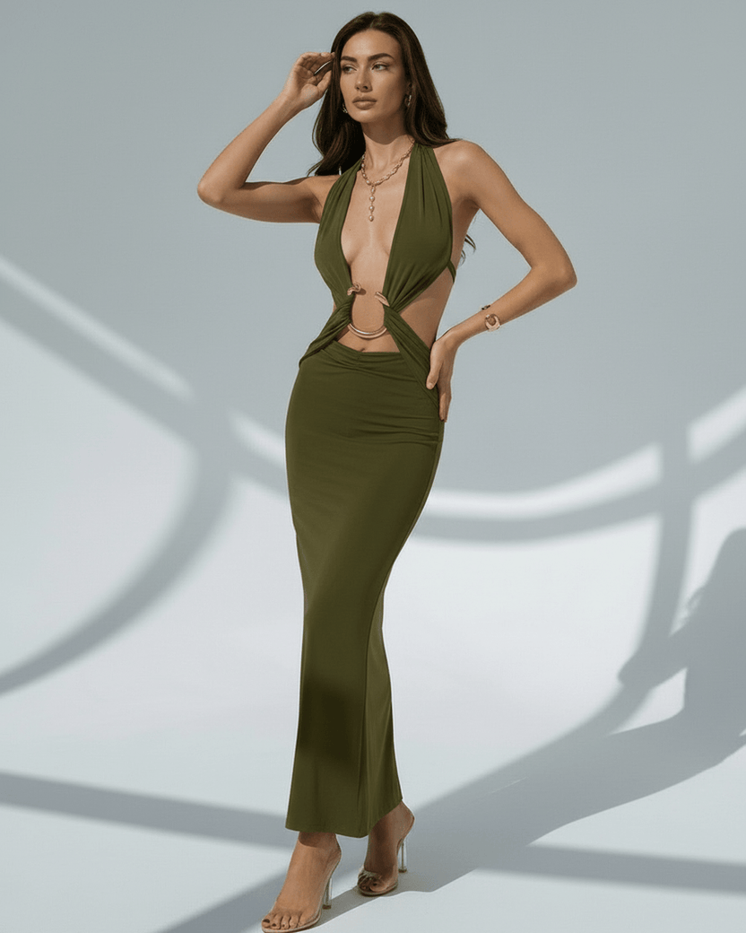 Sage Maxi Dress – Elegant olive green bodycon dress with deep V-neck and metal ring details by Lauven.