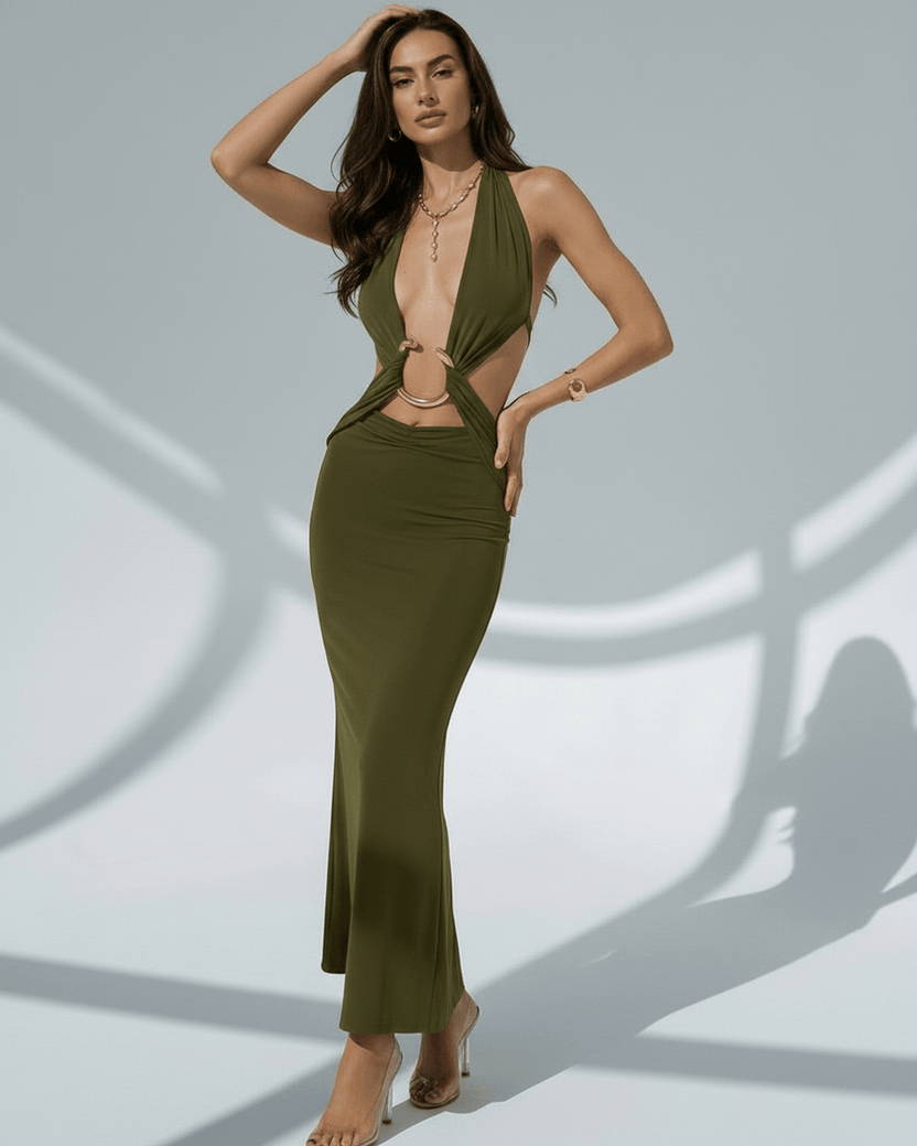 Sage Maxi Dress - Elegant olive green bodycon with deep V-neck, metal ring details. Lauven brand offering luxurious comfort.