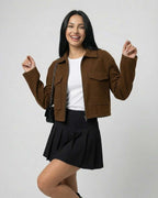Sahara Jacket by Lauven, Women's brown polo collar jacket paired with a skort, perfect for stylish versatility.