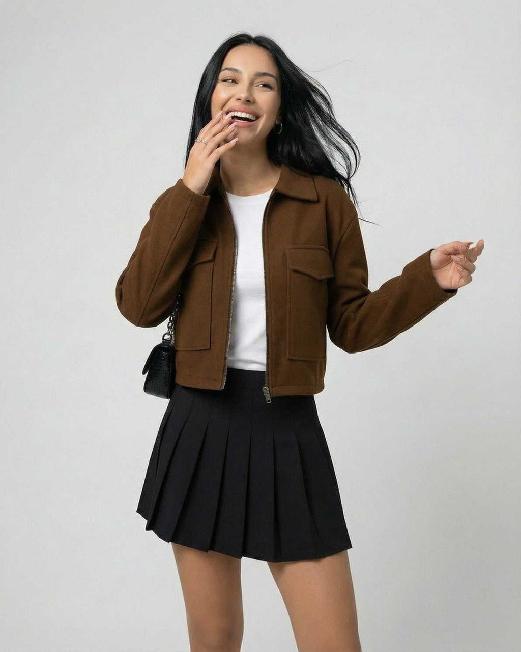Sahara Jacket by Lauven - Women’s Brown Jacket with Polo Collar, embodying modern minimalism and refined silhouette.