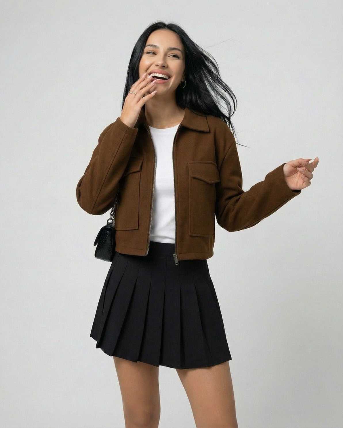 Sahara Jacket by Lauven - Women’s Brown Jacket with Polo Collar, embodying modern minimalism and refined silhouette.