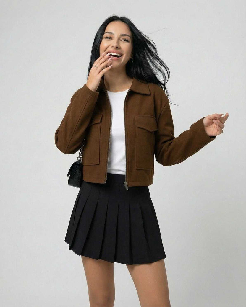 Sahara Jacket by Lauven - Women’s Brown Jacket with Polo Collar, embodying modern minimalism and refined silhouette.