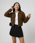 Sahara Jacket from Lauven – Women's brown jacket with polo collar and versatile styling options.