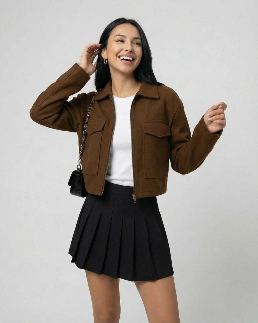 Sahara Jacket from Lauven – Women's brown jacket with polo collar and versatile styling options.