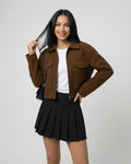 Sahara Jacket by Lauven - Women's brown jacket with polo collar, styled for modern minimalism.