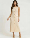 Sahara Midi Dress by Lauven – Women’s beige sleeveless ribbed knit midi dress with button front and pockets.