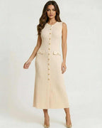 Sahara Midi Dress by Lauven – Women’s beige sleeveless ribbed knit midi dress with button front and pockets.