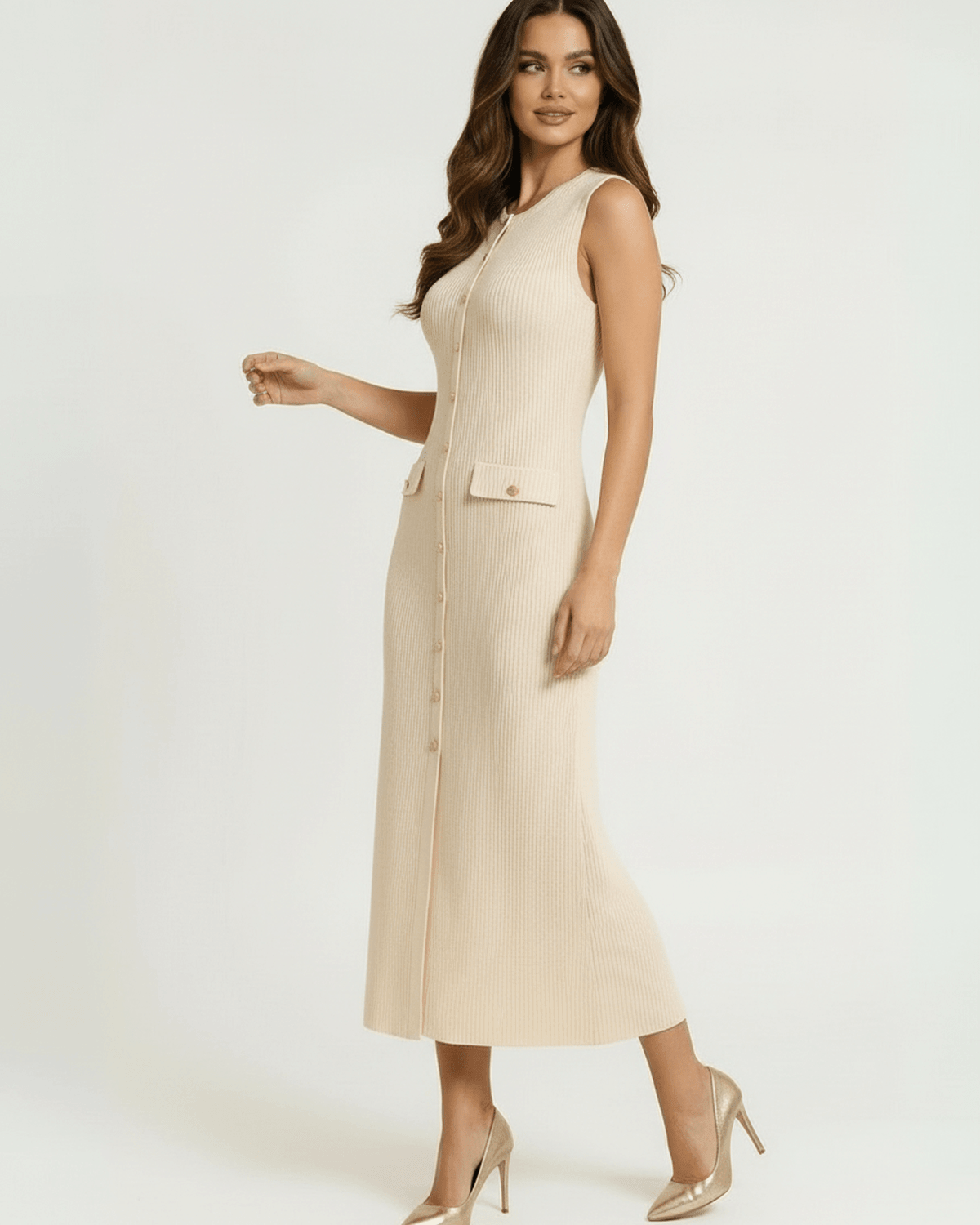 Sahara Midi Dress by Lauven – Elegant beige sleeveless ribbed knit dress with button front for a sophisticated look.