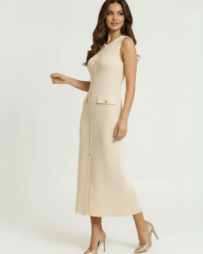 Sahara Midi Dress by Lauven – Elegant beige sleeveless ribbed knit dress with button front for a sophisticated look.