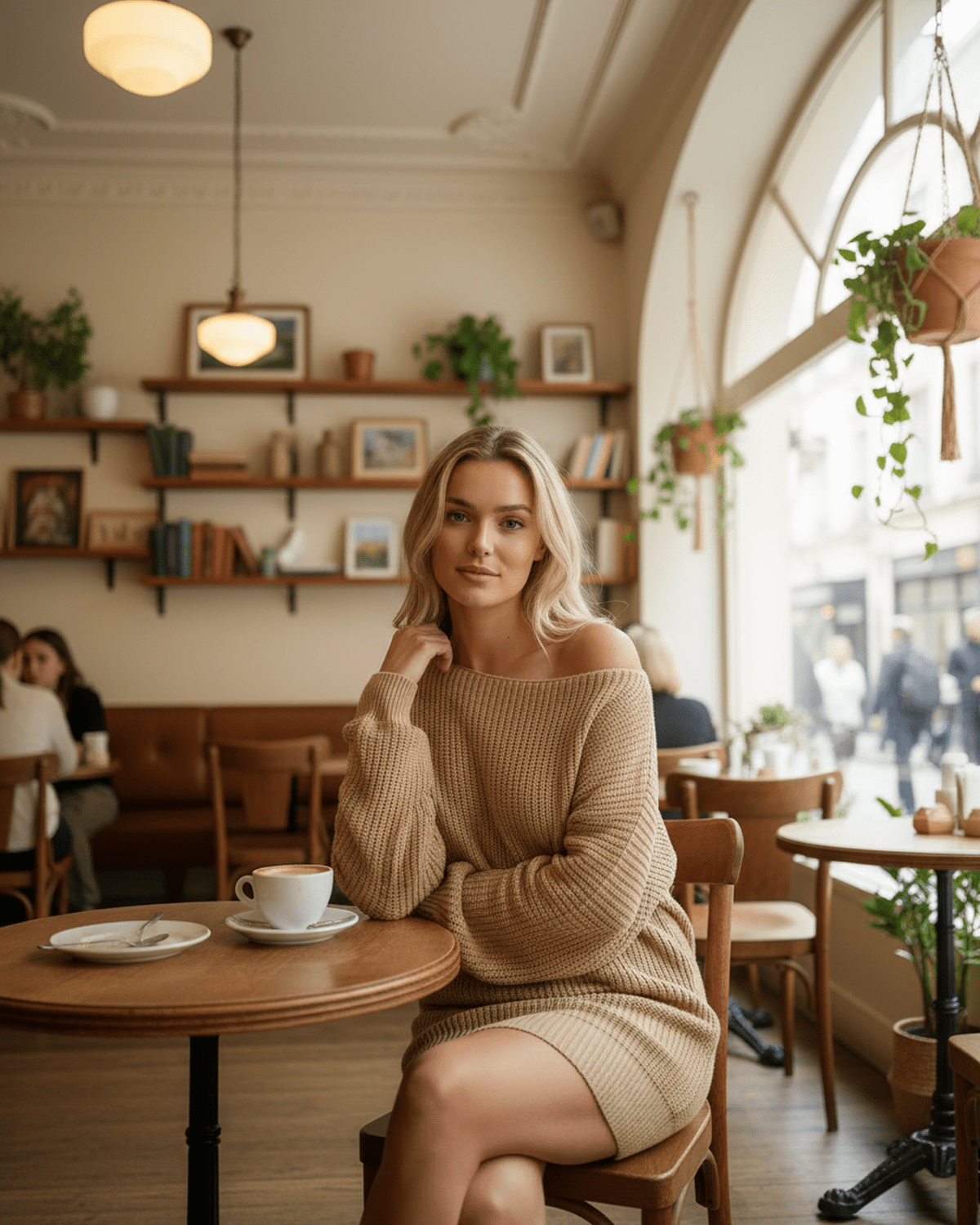 Sahara Mini Dress by Lauven, warm beige oversized knitted dress in cozy café setting.