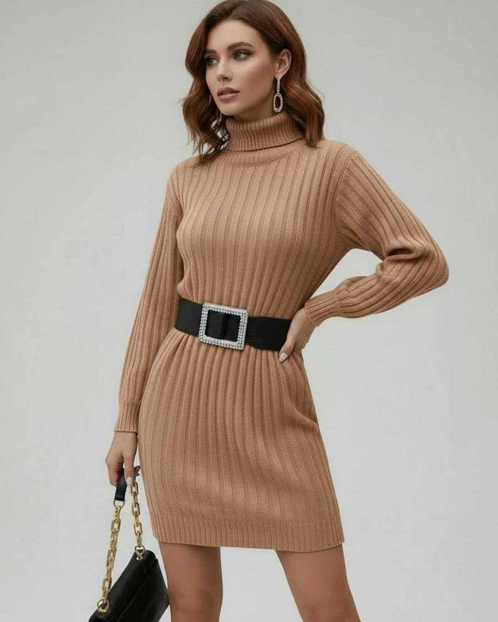 Sahara Mini Dress by Lauven - Beige ribbed long sleeve turtleneck mini dress with a fitted silhouette.