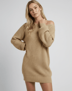 Sahara Mini Dress by Lauven in warm beige, featuring an oversized knit design and chic slash neckline.