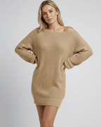 Sahara Mini Dress by Lauven in warm beige, showcasing oversized knitted design and relaxed fit.