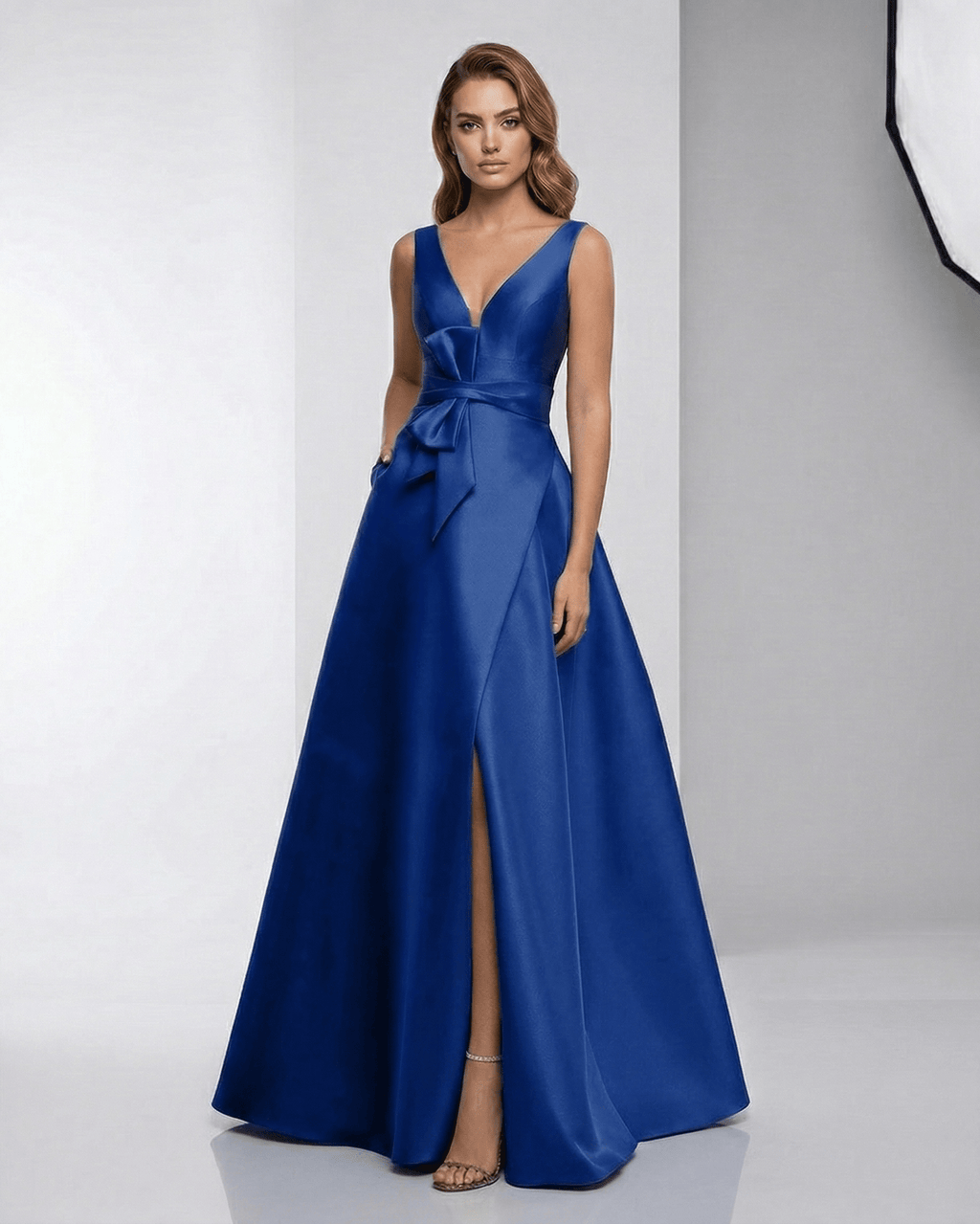 Sapphire Maxi Dress showcasing a satin A-line silhouette, deep V-neck, and elegant design by Lauven for formal occasions.