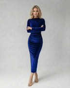 Lauven Sapphire Midi Dress featuring elegant ruched detailing in a luxurious blue polyester fabric.