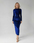 Sapphire Midi Dress by Lauven, elegant blue sheath with ruched detailing for a chic look.