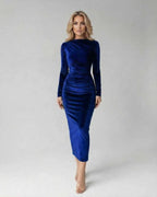 Sapphire Midi Dress by Lauven, elegant blue sheath with ruched detailing for a chic look.