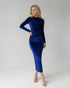 Sapphire Midi Dress by Lauven - Elegant blue long-sleeve sheath dress with ruched detailing and chic silhouette.
