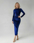 Sapphire Midi Dress by Lauven, elegant polyester sheath with ruched detailing in deep blue.