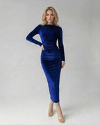 Sapphire Midi Dress by Lauven, featuring ruched detailing and elegant long sleeves in deep blue.