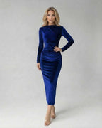 Sapphire Midi Dress by Lauven, elegant blue polyester sheath with ruched detailing, perfect for autumn and winter occasions.