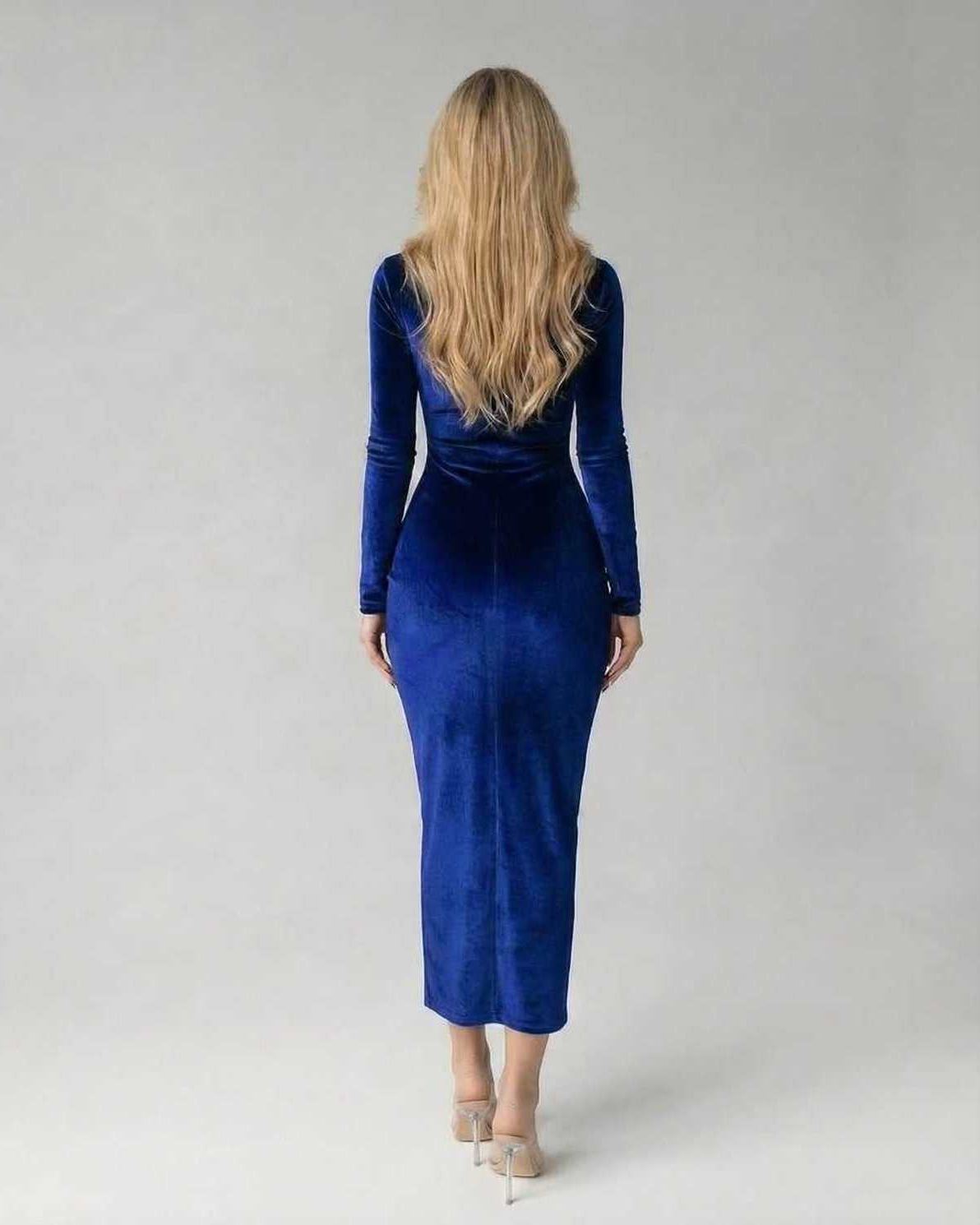 Sapphire Midi Dress by Lauven, showcasing elegant ruched detailing and a flattering silhouette.