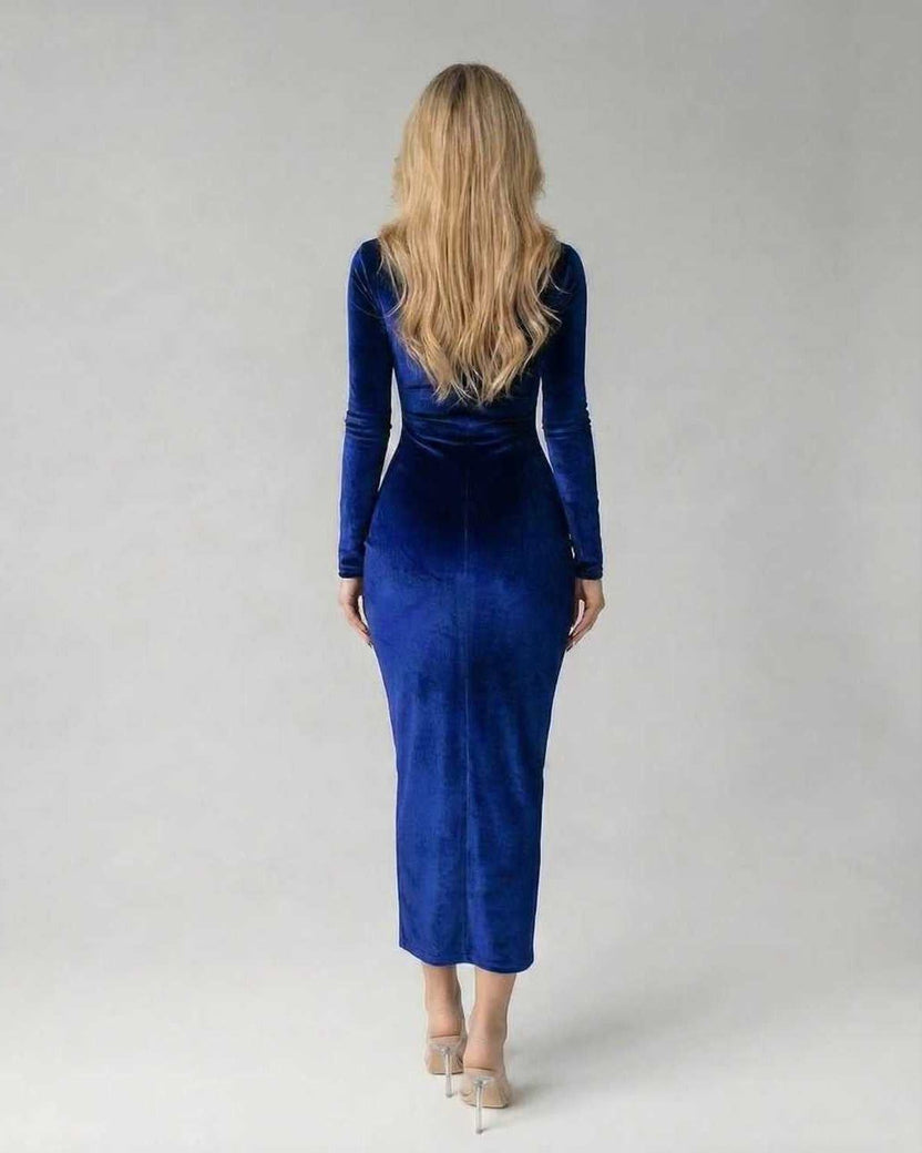 Sapphire Midi Dress by Lauven, showcasing elegant ruched detailing and a flattering silhouette.