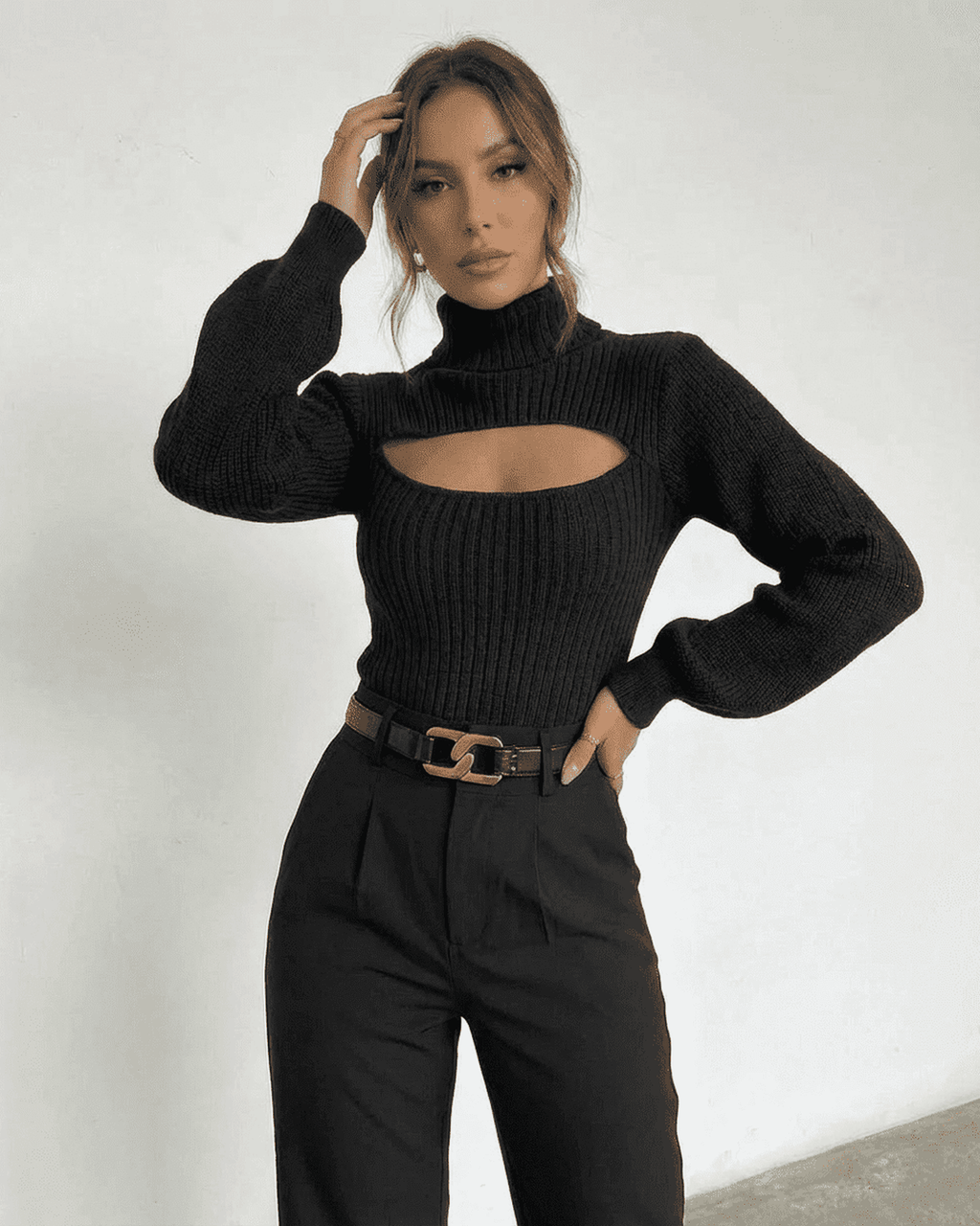 Sarina Sweater by Lauven - Chic hollow out mock neck slim fit sweater in black, perfect for modern elegance.