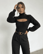 Sarina Sweater by Lauven - Chic hollow out mock neck slim fit sweater in black, perfect for modern elegance.
