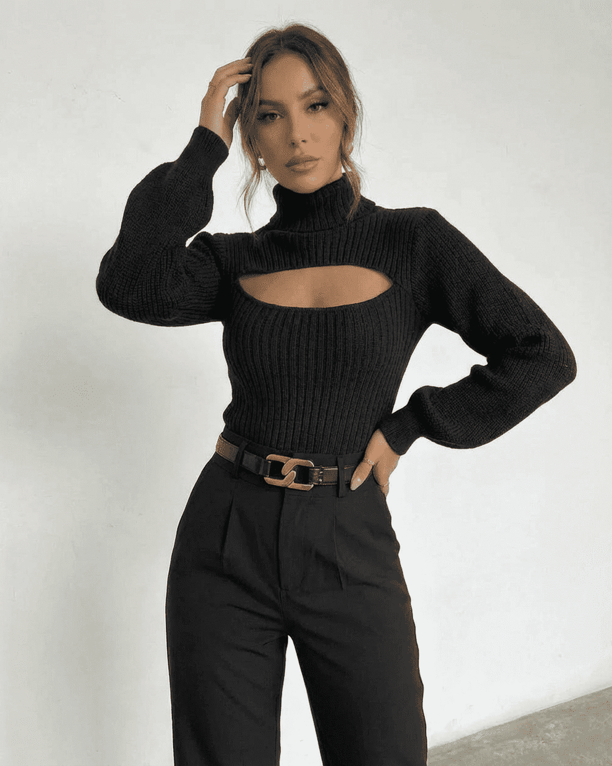 Sarina Sweater by Lauven - Chic hollow out mock neck slim fit sweater in black, perfect for modern elegance.