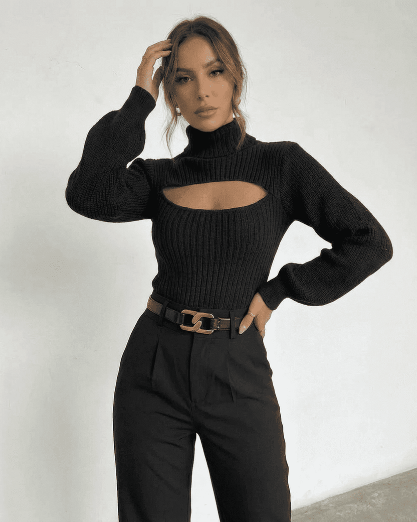 Sarina Sweater by Lauven - Chic hollow out mock neck slim fit sweater in black, perfect for modern elegance.